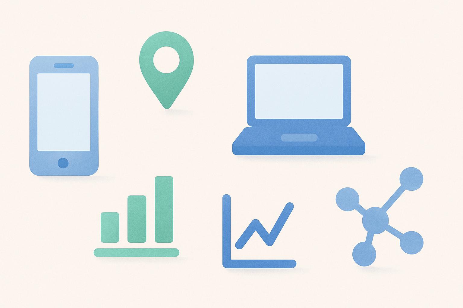 Illustration minimaliste pour blog marketing digital local, icônes tech (smartphone, carte, graphiques), lumière douce ton bleu-vert cohérent