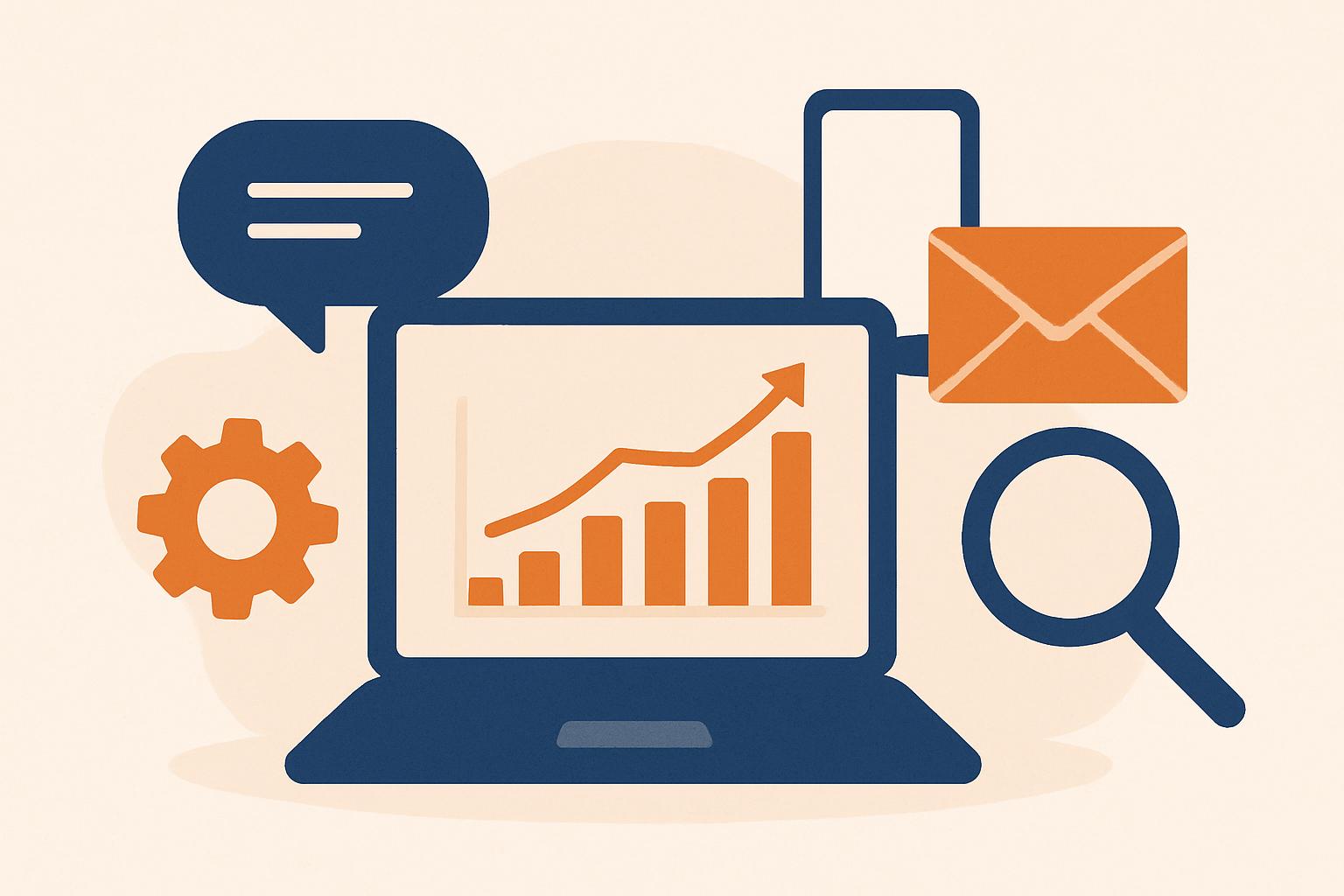 Illustration minimaliste pour un blog marketing digital, icônes tech (ordinateur, smartphone, chat, engrenage) aux tons orange et bleu