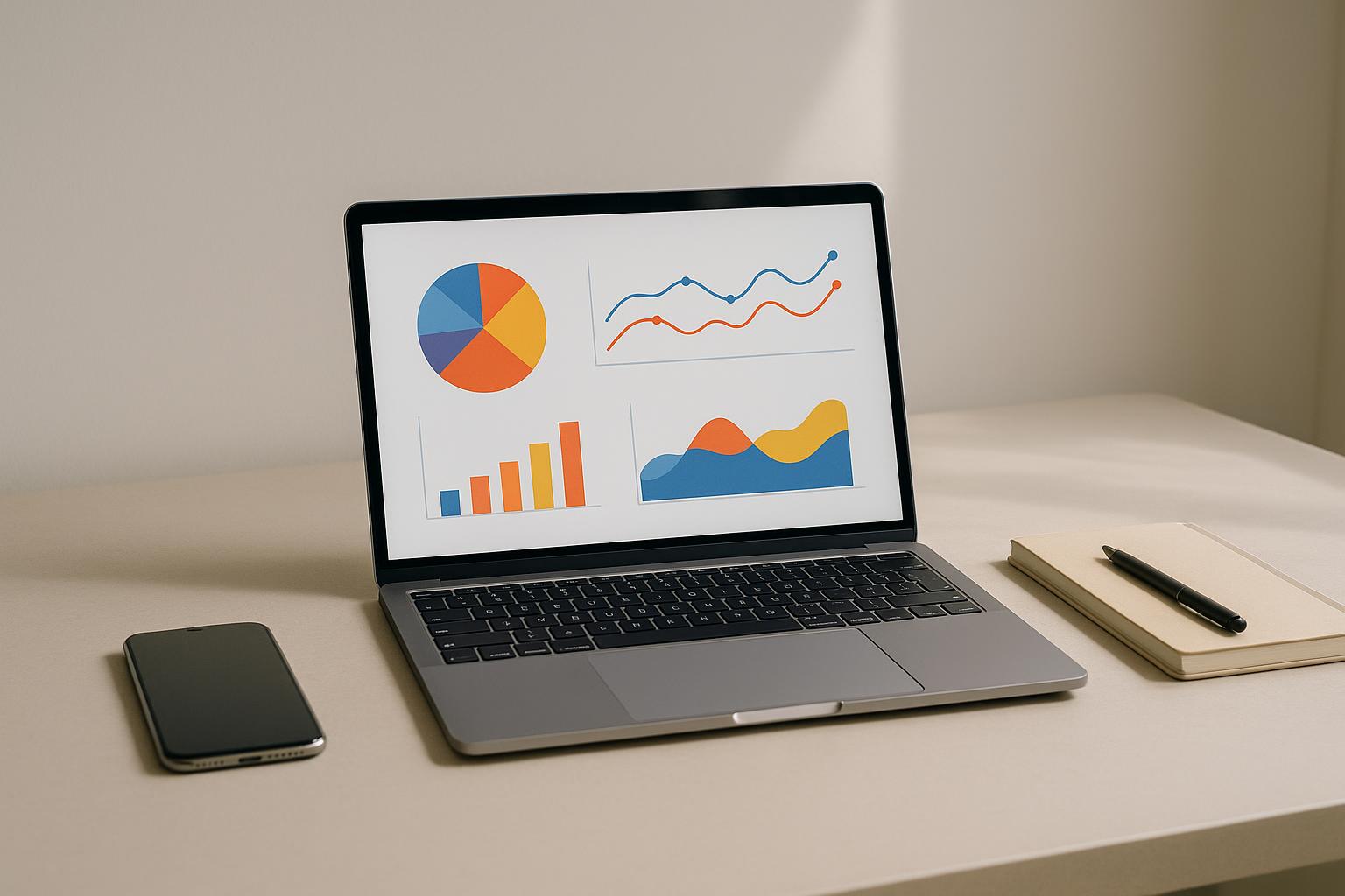 Workspace desk with laptop showing marketing analytics charts, smartphone and notebook on a neutral table under soft natural light.