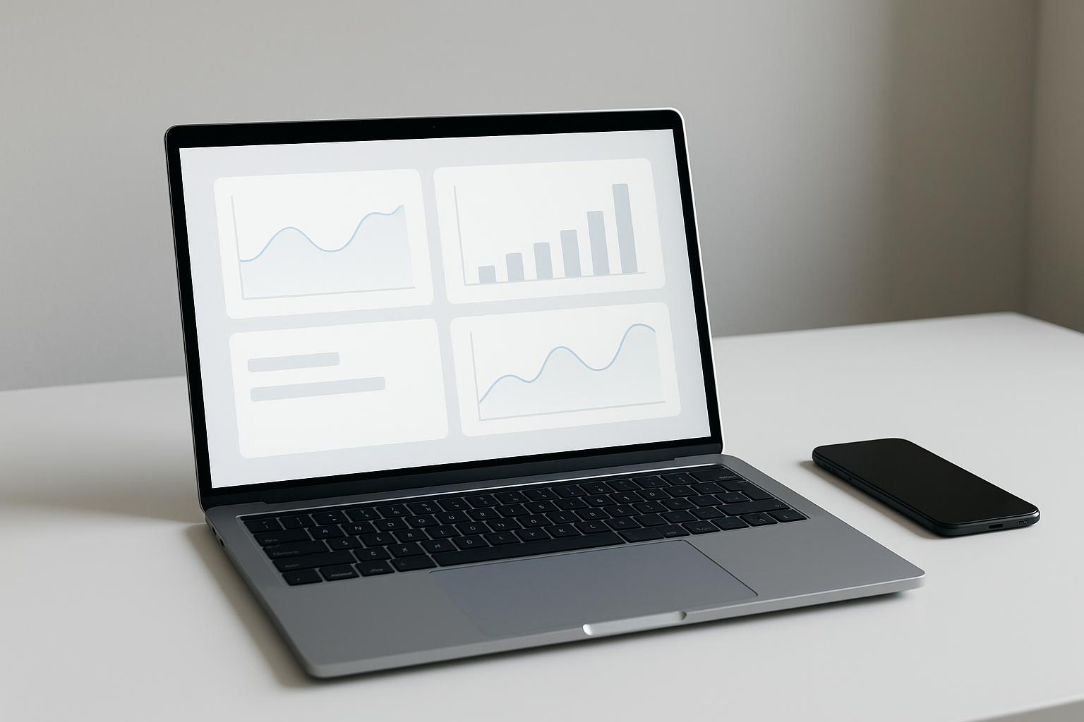 Espace de travail moderne avec ordinateur portable affichant un tableau de bord digital minimaliste et un smartphone sur un bureau blanc épuré.