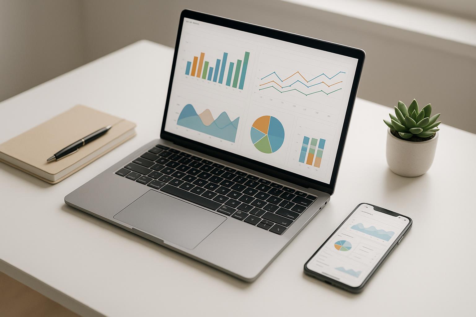 Vue aérienne d'un bureau épuré avec ordinateur portable affichant des graphiques, smartphone, carnet, illustrant marketing digital moderne.