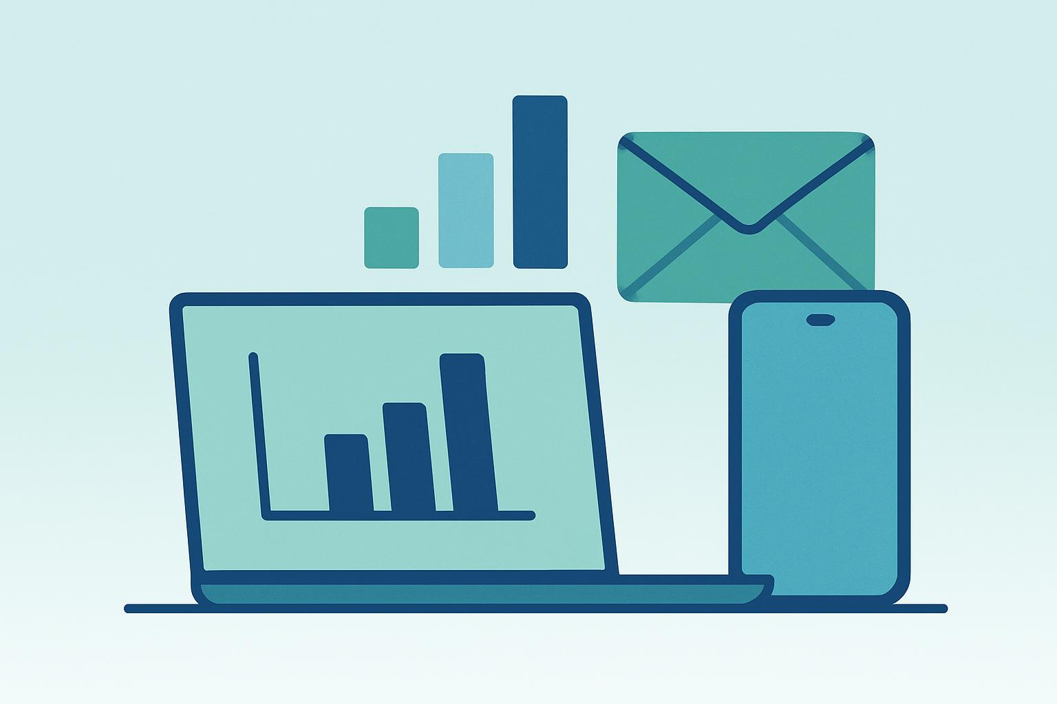 Illustration marketing digital minimaliste avec ordinateur portable, graphique et smartphone sur fond dégradé bleu-vert.