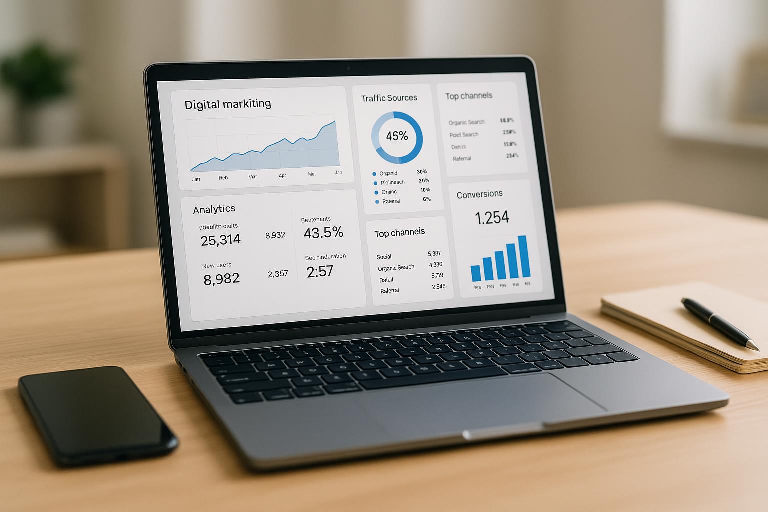 Bureau épuré avec ordinateur portable affichant un tableau de bord marketing digital, smartphone sur bureau en bois clair sous lumière naturelle.