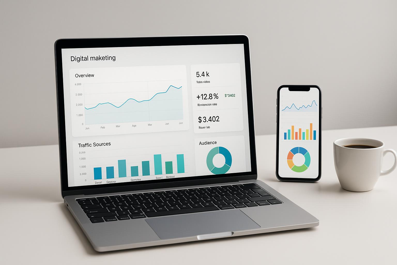 Workspace with laptop displaying a digital marketing dashboard, smartphone with analytics graphs and a coffee cup on a clean desk in neutral modern tones.