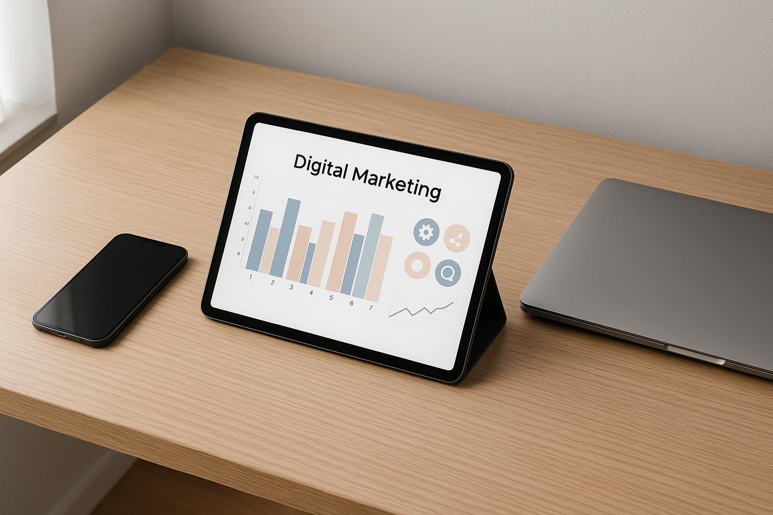 Vue en plongée d'un bureau minimaliste avec tablette et smartphone montrant des graphiques marketing, éclairage naturel et tons neutres.