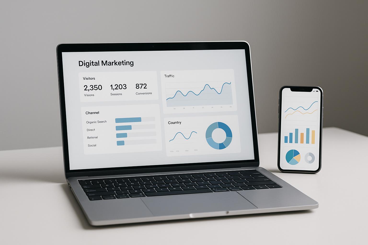 Espace de travail moderne minimaliste avec ordinateur portable et smartphone affichant des graphiques d’analytique marketing digital