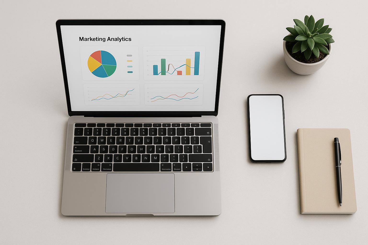 Vue de dessus d’un espace de travail minimaliste avec un ordinateur portable affichant des graphiques marketing, smartphone, carnet et plante.