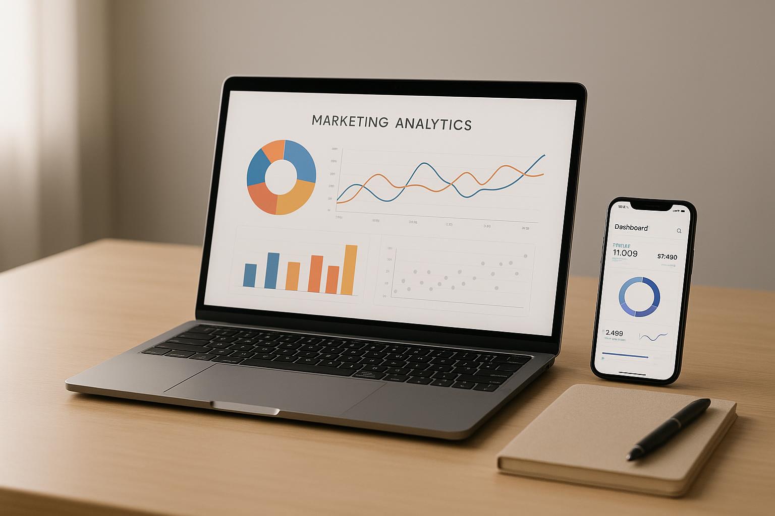 Espace de travail moderne avec ordinateur portable et smartphone affichant des graphiques marketing, fond épuré aux tons neutres.